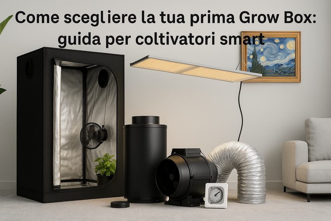 Grow box aperta con LED e accessori in un soggiorno moderno